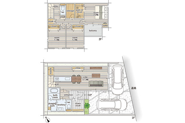【3LDKS】建物面積にはポーチ部分2.39m2、インナーバルコニー部分1.24m2を含む。