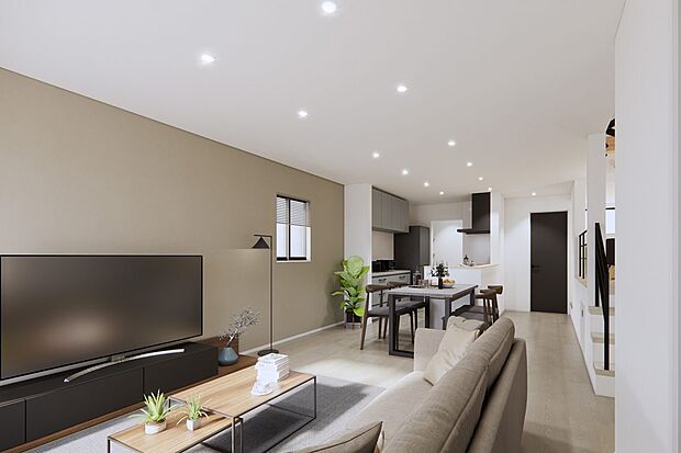 *4号地内観イメージパース:リビング*
18帖のリビング。キッチンダイニングが横並びで、配膳がしやすい配置です。