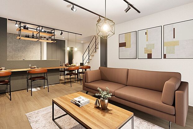 【4号地リビングイメージパース】
20帖超えのリビング。天井にダクトレールを採用し、照明の向き等を自在にアレンジできます。