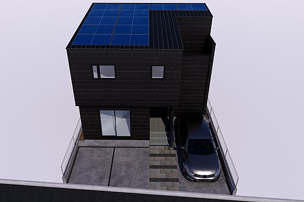 【1号地外観パース】
太陽光搭載。停電時にも電気が使えて安心です。