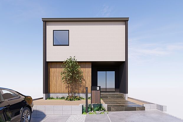 【外観イメージパース】
ウォークスルータイプのシューズクローゼットを設け、裏動線の優れた住まいです。ゆとりある広さの玄関ポーチ。雨に濡れず快適です。シンボルツリーも外構のアクセントに♪