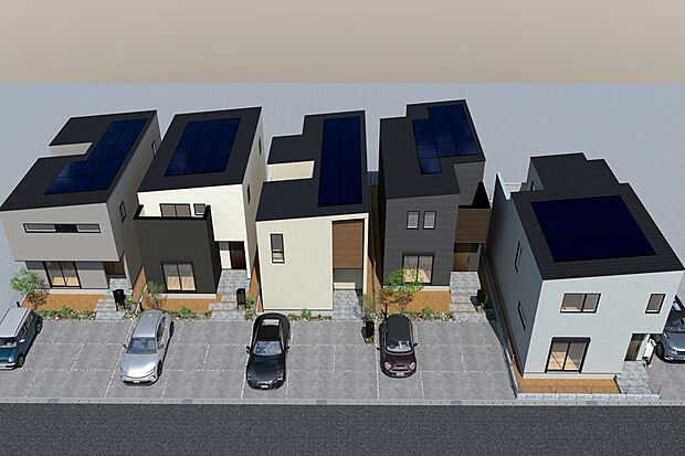 【連棟鳥瞰イメージパース(右より1号地)】
太陽光搭載のZEH住宅！環境にも家計にもやさしいこれからの住宅。