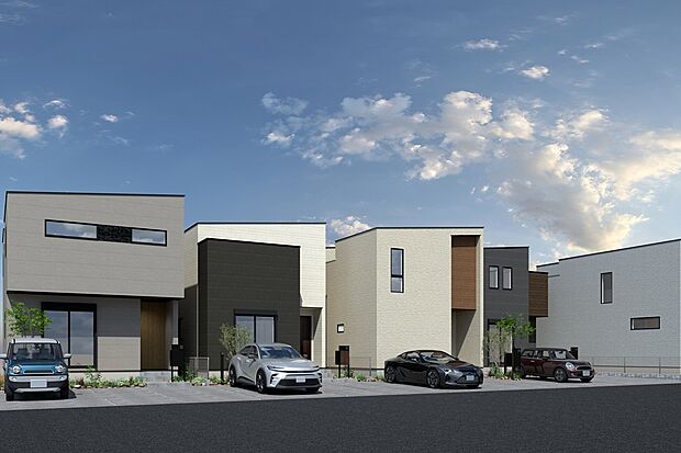 【連棟外観イメージパース(右より1号地)】
JR中央本線「春日井」駅　徒歩8分の駅近物件。全９区画の新しい街並みが誕生します。