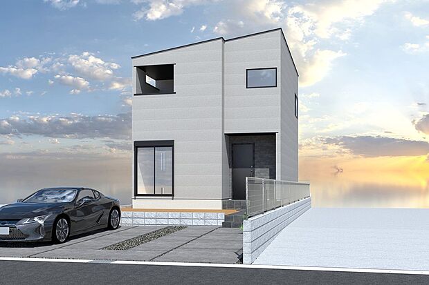 【1号地外観イメージパース】
駐車しやすい前面道路約6m。脱衣室を設け、家族の入浴中も気兼ねなく洗面台が使えるプラン。納戸を採用し収納豊富な住まい。
