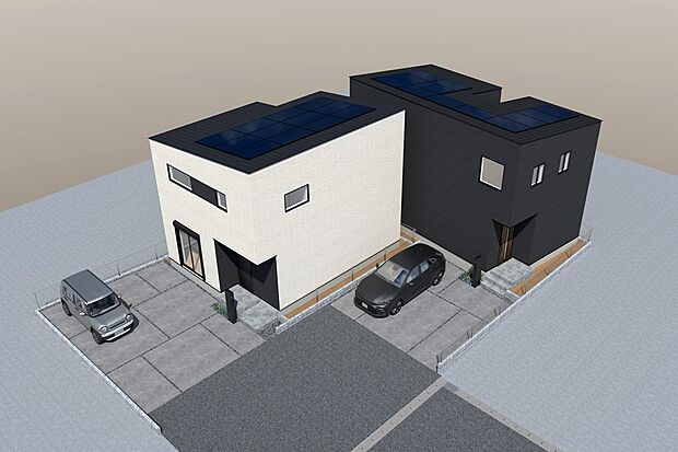 【連棟鳥瞰イメージパース(右奥1号地、左側2号地)】
太陽光システム搭載！いざという停電時にも安心。電気料金の高騰や、災害時への備え、自然エネルギー有効理由などの意識の高まりから注目されています。