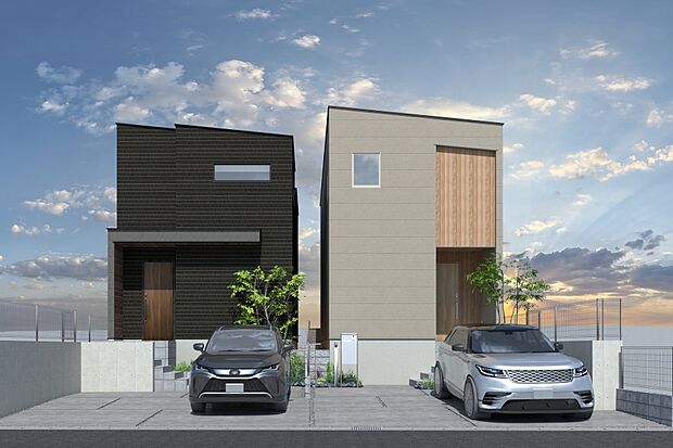 【連棟外観イメージパース(右側1号地、左側2号地)】
鶴舞線「塩釜口」駅・「植田」駅 自転車9分!東山線「星ヶ丘」駅 自転車10分!2沿線利用可能です。