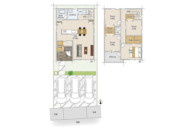 【4LDK】20.3帖の陽当り良好、ソファーを置いても圧迫感のないLDK
2階は4.5帖～6帖の洋室4部屋、全てお部屋に収納あり