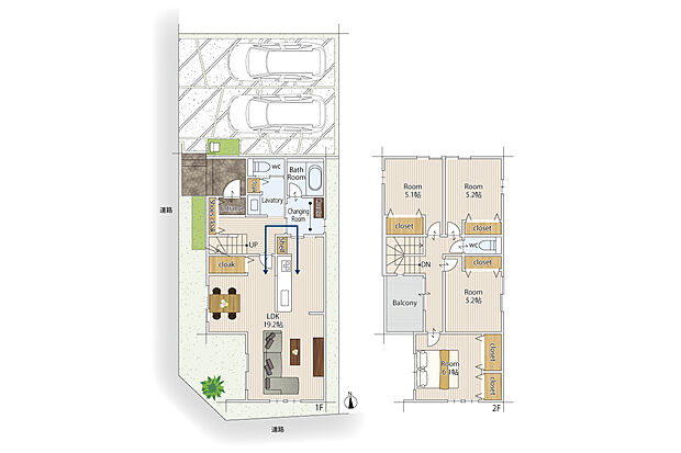 【4LDK】室内物干しと収納棚を設けた脱衣室は廊下とキッチンどちらからも行き来可能
2階洋室は5.1帖～6.1帖の4部屋、バルコニーは廊下から行くことができます