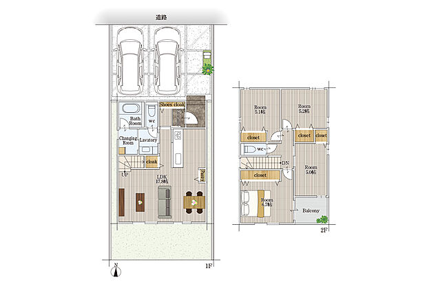 【4LDK】建物面積にはポーチの一部1.17m2を含む
17.8帖の南向きリビング、階段下収納・キッチン横パントリーあり