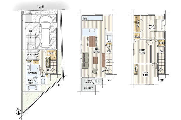 【3LDK】建物面積にはインナーバルコニー2.48m2、ふかし壁部分0.38m2を含む