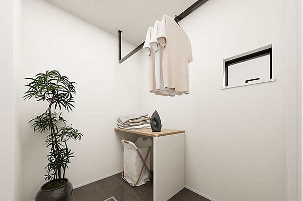【CGパース/2号地内観イメージ】洗面所と脱衣室が別となっている間取り。
脱衣室内には室内物干し竿とカウンターがございます。