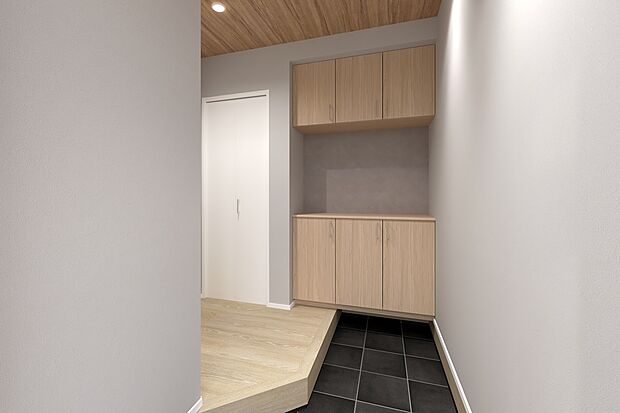 【CGパース/内観イメージ】二の字型のシューズボックスは小物を置くことが可能。
隣にはクローゼットを設け、外で使用するアイテムを玄関ドアの近くに収納することができます!