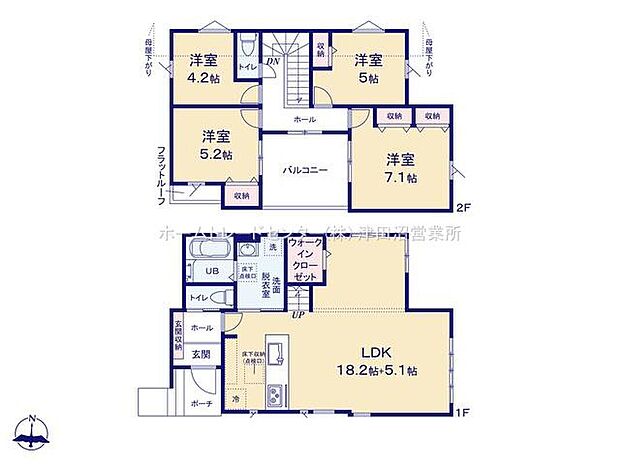 18.2帖の広々LDKに加え、2階は4部屋を確保。1階にはウォークインクローゼットも備え、収納力と居住空間のバランスに優れたゆとりある間取りです。バルコニー中央配置で動線◎