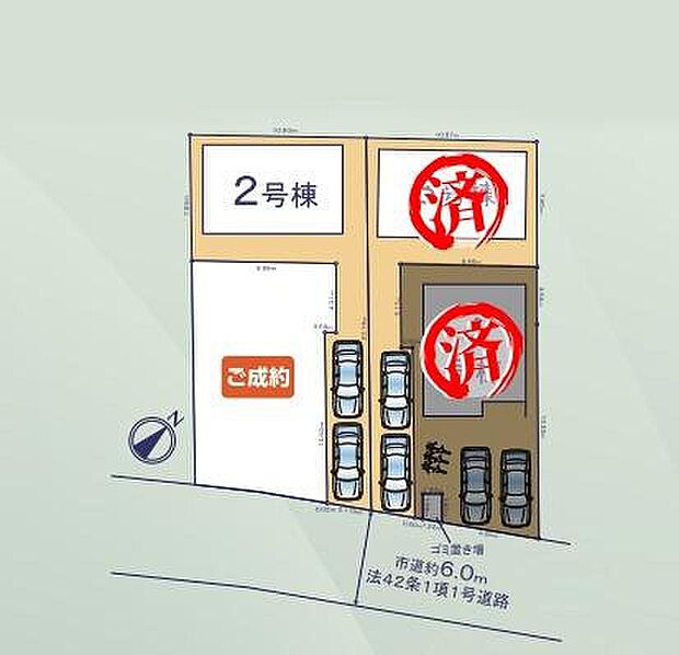 【全体区画図】カースペース2台駐車可能です☆ご家族の自転車やバイクなどの駐輪スペースとしてもお使いいただけます◎
前面道路は6mと十分な広さがあるのでお車の出し入れもスムーズに行えそうです◎