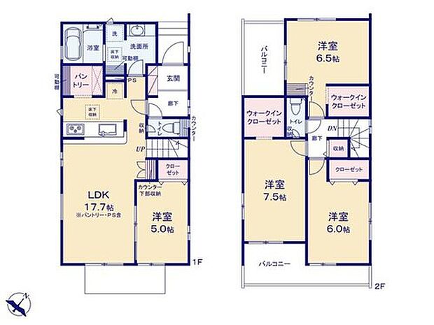 【4LDK】LDK17帖のゆとりある空間とパントリーや2WICなど収納豊富な設計♪
水回りをまとめた家事動線の良い暮らしやすい4LDKプランです☆
隣り合う洋室を開放すれば、ひときわ広々とした空間になるリビングダイニング!