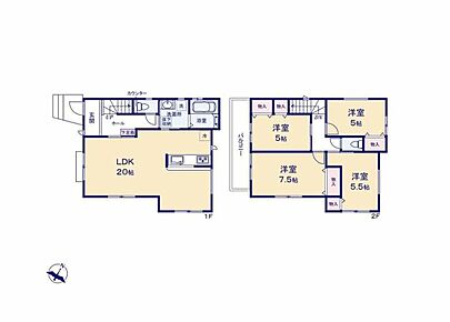 3面採光のリビングは広々20帖♪ご家族との会話も弾む対面システムキッチン♪全居室収納完備でお部屋スッキリ！2部屋を繋ぐ広々したバルコニーでお洗濯も快適♪ 