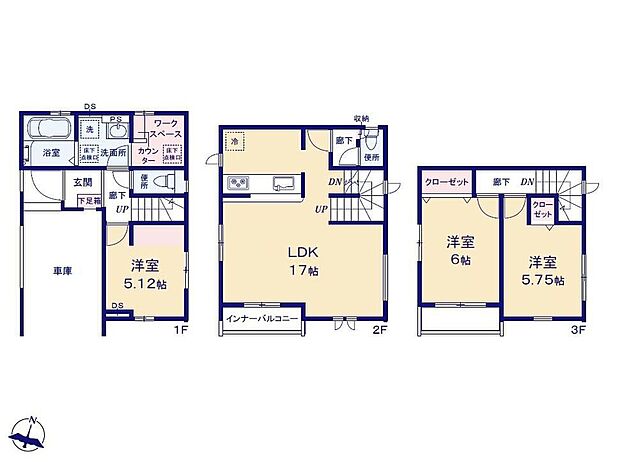【3LDK】道路からの視線が気にならない2階リビング♪1階水回りに隣接したワークスペース付き☆家事スペースとしてもお役立ちです◎2か所のバルコニーは洗濯物とガーデニングで使うのもおススメ。