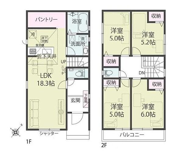 【4LDK】●効率的でストレスのない家事動線。水回りが集中しており、移動がスムーズ♪●家族のコミュニケーションを重視した対面式キッチン・リビングイン階段プラン♪●キッチン上部に折下天井を採用し、デザイン性UP☆