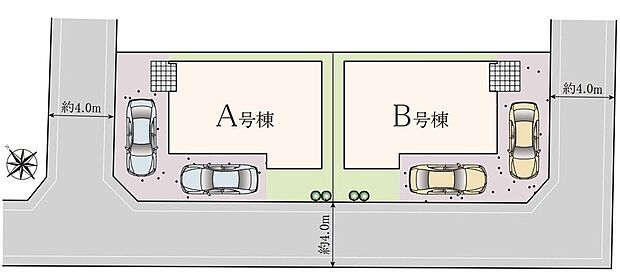 【全体区画図】角地で開放感があり陽当りも良好です！
前面道路は車通りが多くないので、お車の出し入れもラクラクです♪周辺には大きな公園も多くお子様をのびのびと子育てできる住環境です♪