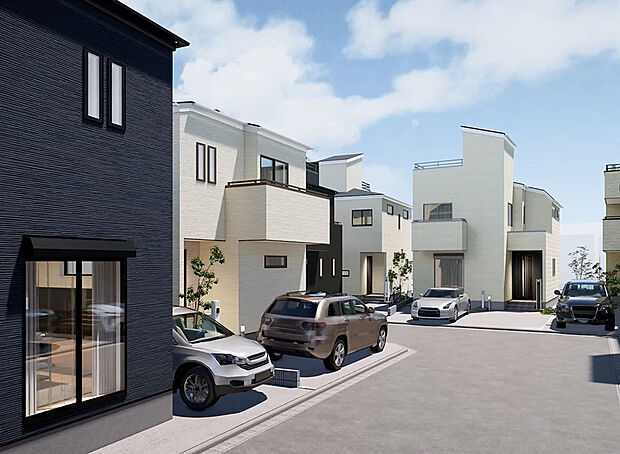 【5号棟｜完成予想図】6ｍの広々とした道路が、車の出し入れをしやすくし、快適な生活をサポートします。