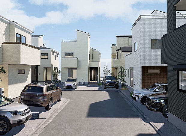 【完成予想パース｜昼】6mの開発道路が、車の出入りをスムーズにし、安心してお住まいいただける環境を提供します。