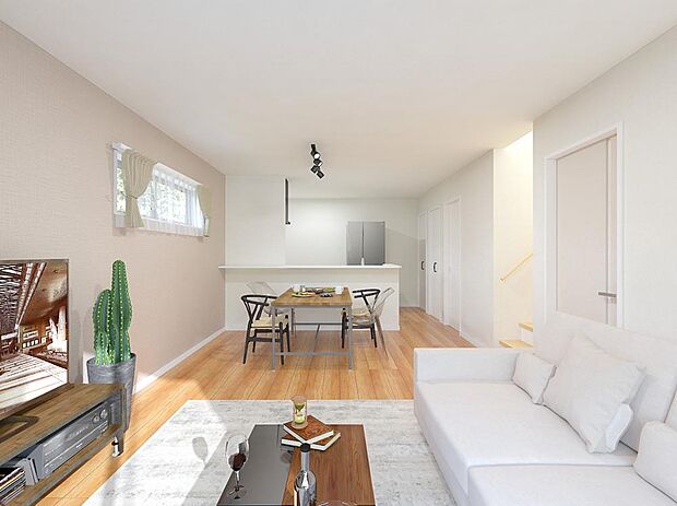 明るい光が降り注ぐ南向きLDK※イメージパース ■家族の様子をいつも見守れる設計と、自然と会話が生まれる対面キッチン。リビングでのくつろぎの時間を何倍も深めてくれます。