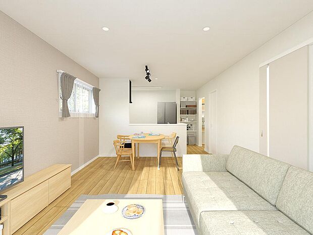 LDK (A)※完成予想パース ■角地ならではの開放感と南向きの採光を取り込むリビング。 充実の収納でいつも美しく整った暮らしを。