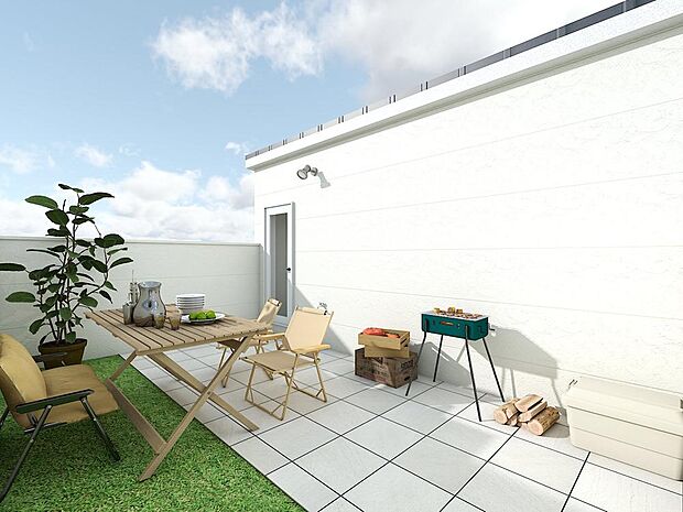 【バルコニー※A棟完成予想パース】洗濯物をたっぷり干せるのはもちろん、布団もふっくら。太陽の恵みを感じられる南向きの広々バルコニー。