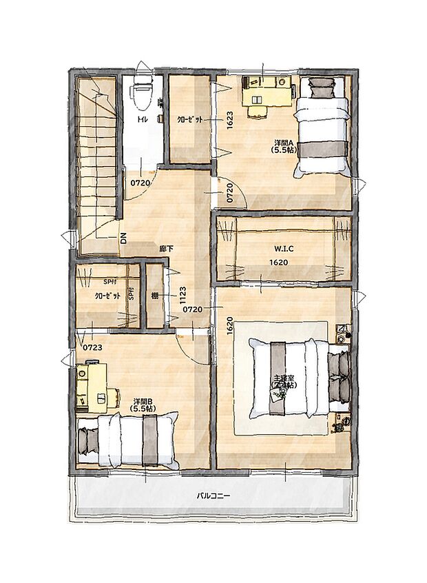 【No.2】参考プラン2階。どの部屋もクローゼットを大きくとっているので、スッキリと部屋を使うことができます。南に面して大きくとったバルコニーは、布団やシーツなど大きいものもたくさん干すことができます。陽当たりが良いので洗濯物がよく乾きます。