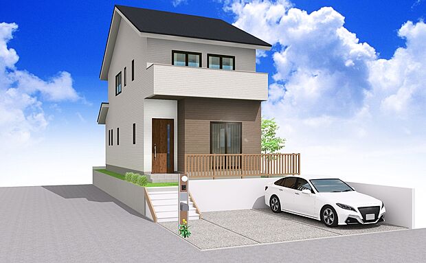 【参考プラン外観(No.2)】自由設計なので、設計士とともに、あなただけの家を作ります。着工前はインテリアコーディネーターも加わり、お客様のご要望をうかがいながら、プロのアドバイスをし、ひとつだけのオーダーメイド住宅を完成させます。参考プランのようなナチュラルでシンプルな外観も人気です。本体価格(SOPIA仕様):2400万円。外構諸費用は含みません。