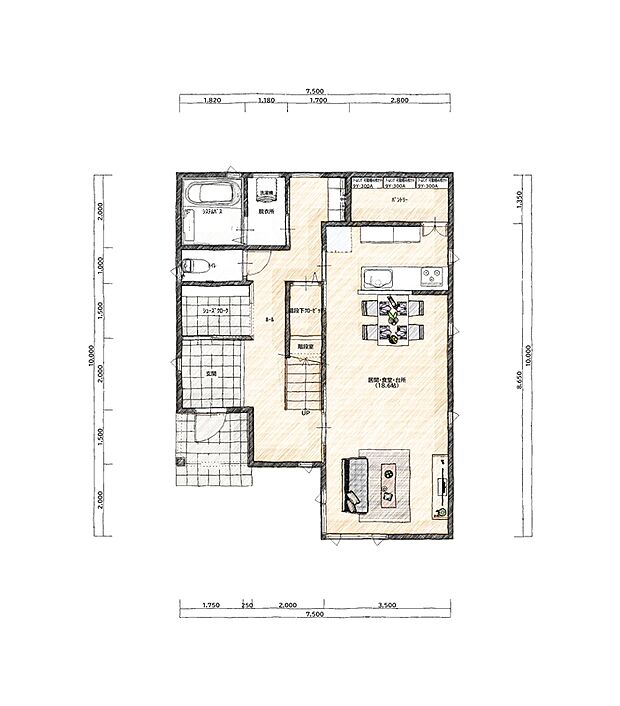 【1階平面図】●1階プラン：食料品や日用品をストックできる2.3帖のパントリー。洗面・脱衣所別の家事動線の良い間取り。●建物面積118.00m2（35.6坪）●建物価格2800万円（税別）、外構、屋外給排水工事、その他諸経費は建物価格に含まれません。