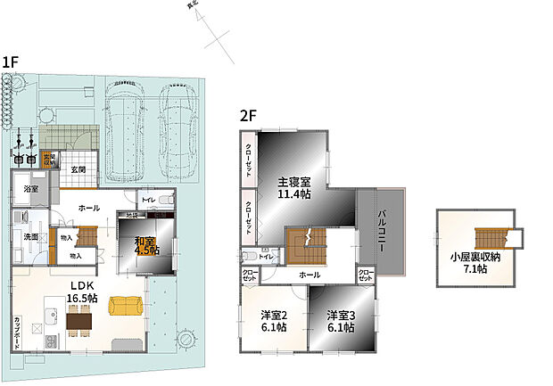 【4LDK+小屋裏収納（固定階段付）】ZEH住宅／UA値＝0.58／長期優良住宅認定／太陽光発電6.09kW／蓄電池7.40kW／耐震等級3＋制震装置TRCダンパー／高気密・高断熱住宅／省エネ基準適合／フラット35s対応／オール電化／エコキュート／駐車2台可