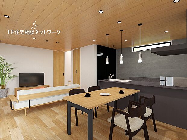 （1号棟　内観イメージパース）18帖の広々ＬＤＫ。ダイニングテーブルやソファーなどの家具もしっかりと配置できます。ゆったりとした広さの空間です。