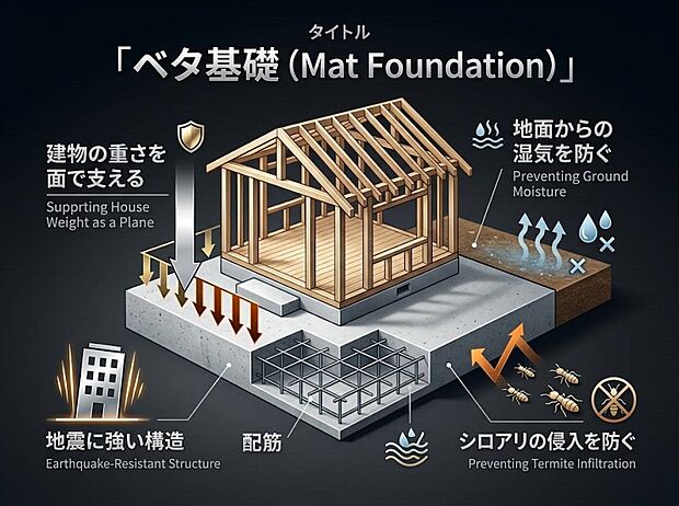 床下全体に鉄筋コンクリートを流し込む基礎工法です。建物を面で支えるため地震に強く、湿気やシロアリを防ぐ効果もあります。
