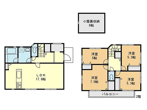 【間取図】2-1区画参考プラン:建物価格2200万円 建物面積100.82平米 間取り4LDK