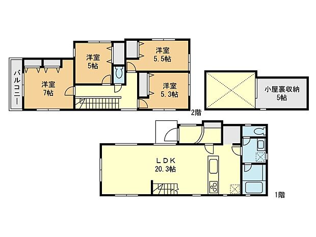 【間取図】2-5区画参考プラン:建物価格2318万円 建物面積105.73平米 間取り4LDK