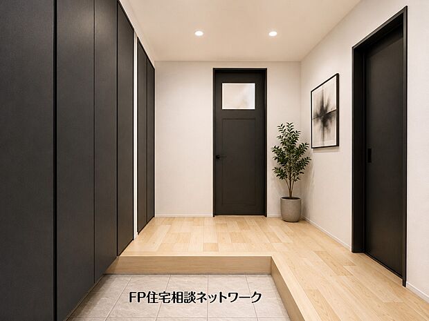 【内観】【内観イメージパース】玄関ホールがスッキリ広々としていると帰る時も出ていく時も気持ちが良い。来客を出迎える玄関が綺麗ならその家の印象が良くなる。