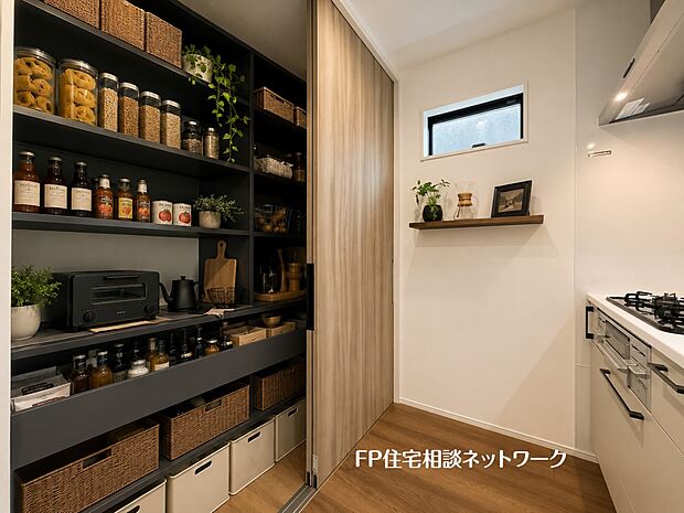 【収納】■パントリー■本画像はAIがCGで家具作成しており、実際の現地に家具は設置されておりません。また、販売価格に家具、小物等は含まれておりません。