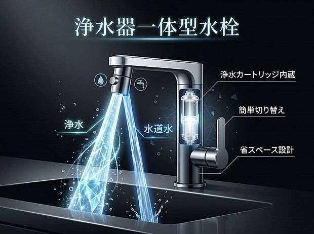【その他内観】浄水器一体型水栓　別置きの浄水器が不要のため省スペースで設置可能。手元のレバーやボタンで簡単に浄水と水道水を切り替えられ、快適に利用できます。