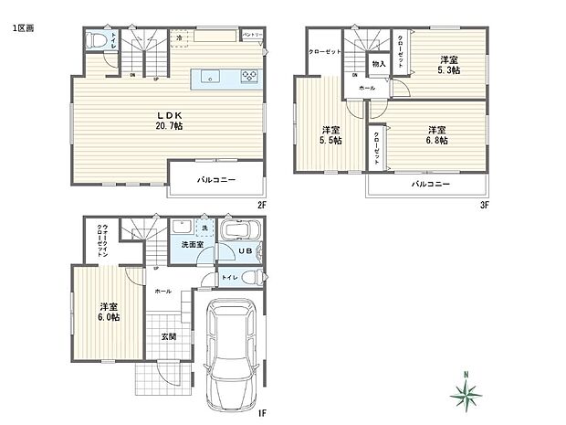 建物プラン例(1区画)4LDK、土地価格3780万円、土地面積66.64m2、建物価格2200万円、建物面積109.3m2