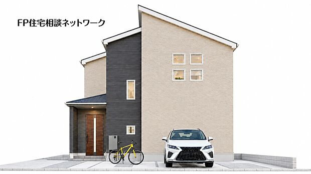 完成予想イメージ:洗練されたデザインが目を惹く、上質感あふれる外観。ライトアップされた佇まいは、昼とはまた違う美しい表情を演出します。住まう方の毎日を華やかに彩る、こだわりの邸宅です。