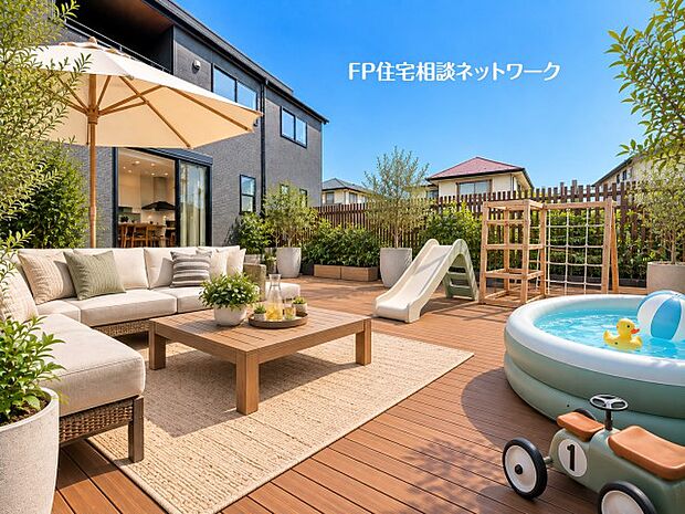 本画像のウッドデッキパネル、家具、植栽等はCGの配置イメージです。販売価格にこれら等は含まれません。