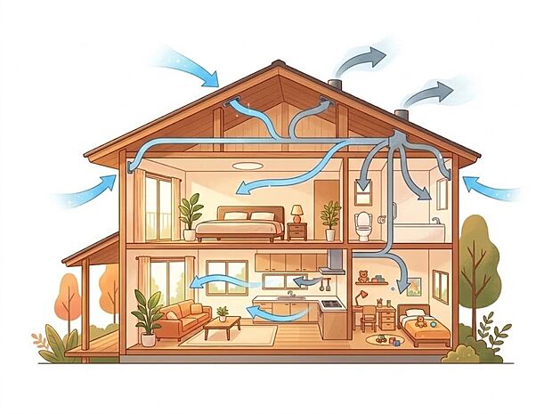 【24時間換気】シックハウス症候群などを防ぐため、住宅全体の空気を機械で常に入れ替えるシステムです。2003年からすべての住宅に設置が義務化されています。