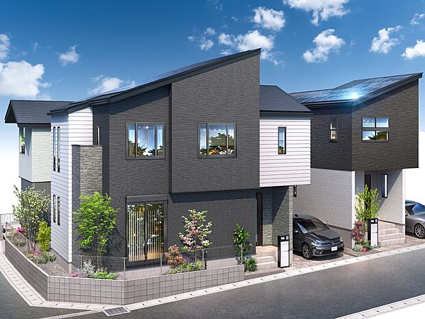 立体的なフォルムによって陰影が映え、窓の形状やスカイラインなど変化に富んだ造形が印象的な街並み。（街並み完成予想図※3号棟販売中）