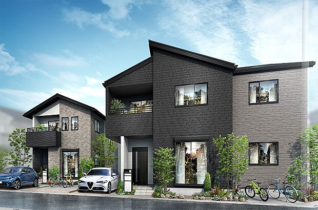 アクセントとなるサッシデザインや外壁材の組み合わせが各邸に個性を添え、街並みに上質で豊かな表情をもたらします。（1期街並パース）