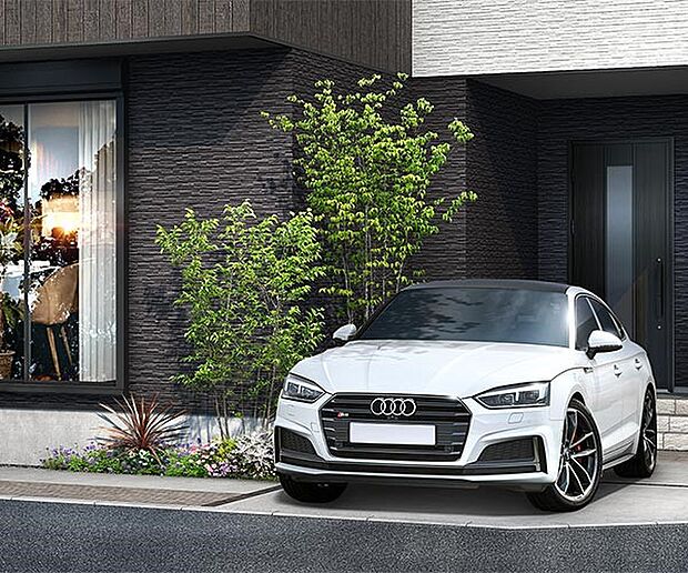 カースペースは2台駐車可能の広さを確保し、ゲスト用やバイクスペースなどに活用できます。※2台目は軽自動車対応となります。（街並完成予想図より）