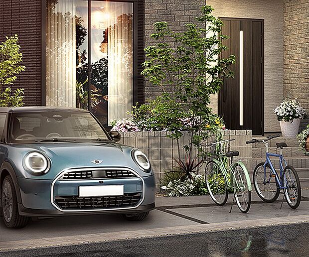 カースペース1～2台を標準とし、さらにコントラストを描くように芝生とコンクリートを交互に配し、車が停まっていない時にも美しい景観を生み出します。※2台目は軽自動車対応となります。