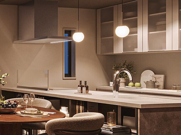 【オープンキッチン】壁のないフラットなオープンキッチンはお手入れしやすく、お手伝いもしやすいので家族とのコミュニケーションを後押ししてくれます。※画像はイメージです。実際の商品とはデザイン・仕様が一部異なります。