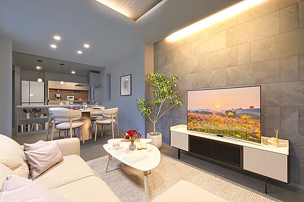 【リビング】アクセントウォールの質感を際立たせる間接照明が印象的。家族でゆったりとした夜を過ごせそうです。(3号棟※建物は現物となります。生活イメージの喚起のために家具を合成しております。)