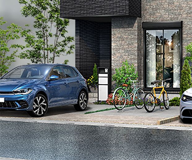 【その他画像】【カースペース】コンクリートと素材を交互にレイアウトしたデザインを施し、車が停まっていない時も美観を保ちます。※2台目は軽自動車対応となります。（1期街並パースより）